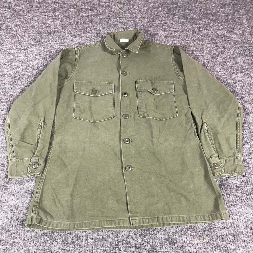 Vintage US Military Shirt Mens 15.5x31 Green OG107 Utility Vietnam Sateen 60s